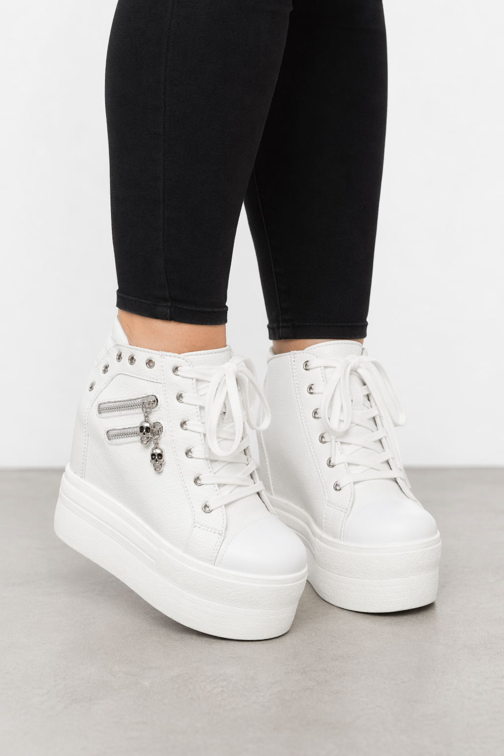 Chunky Wedge Platform Sneakers with Studs and Skull Zippers White