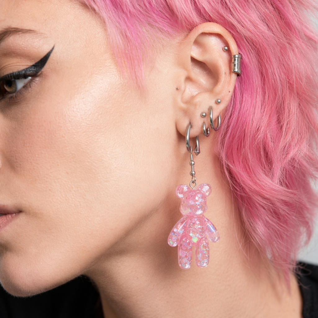 Kawaii Large Bear Earrings in Bright Glittery Colors Pink