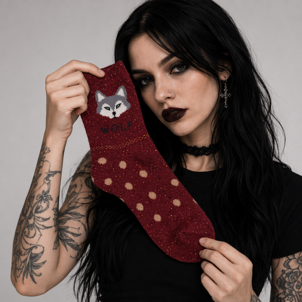 Snow Fox Christmas Socks with Embroidered Design and Vibrant Colors Red Wolf