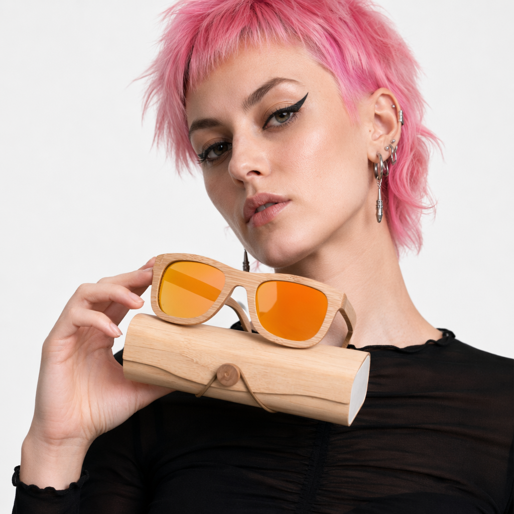Chic Bamboo Wood Sunglasses for Style and UV Protection Orange with case