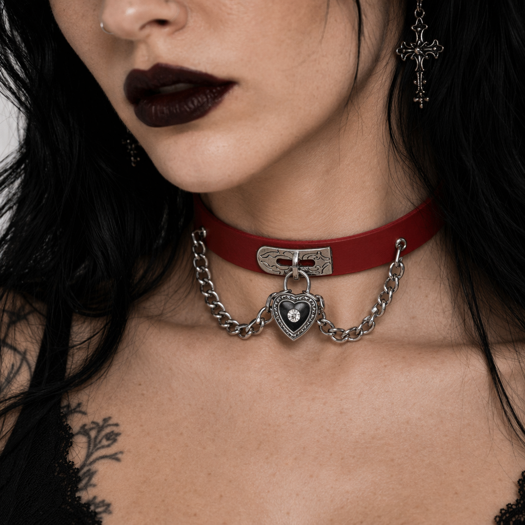 Gothic Victorian Vegan Leather Choker with Heart Locket and Chains Red