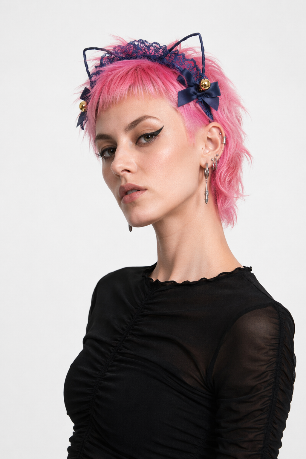 Cute Cat Ear Headband with Gold Bells and Lace Embellishments Navy