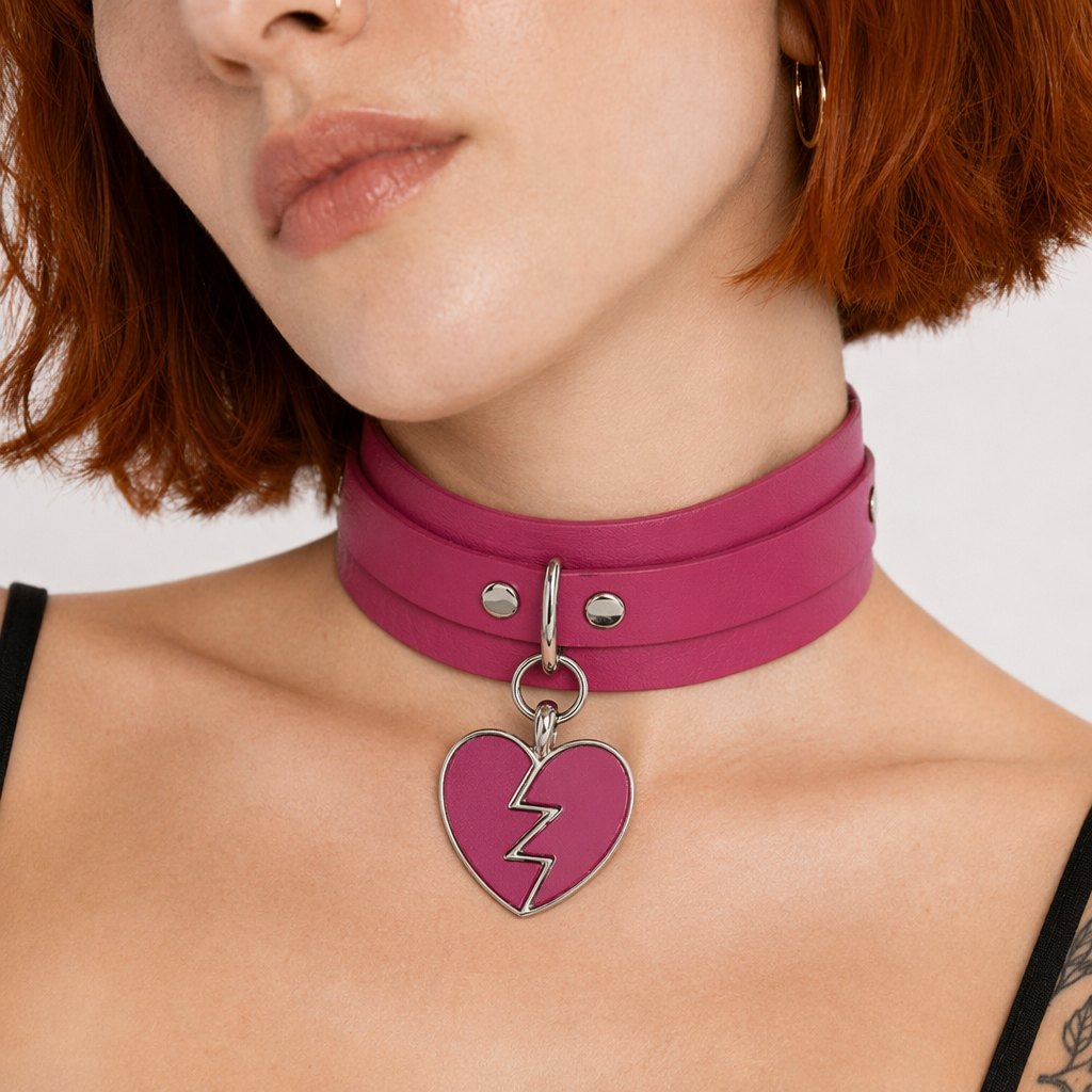 Heart Breaker Vegan Leather Choker for Kinky Princesses Magenta Collar