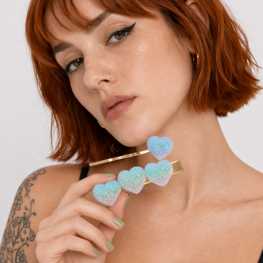 Handcrafted 3D Heart Shaped Sugar Candy Hair Clips Blue