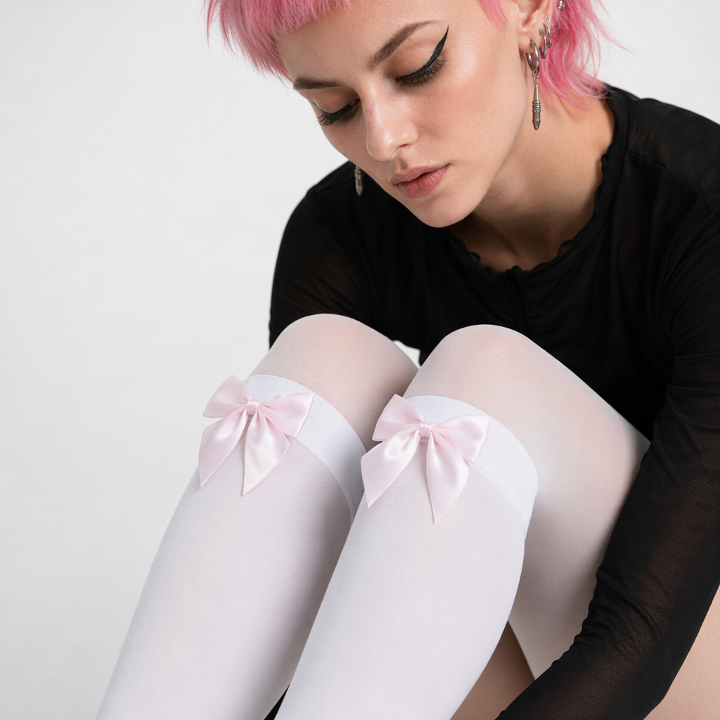 Kawaii Over-the-Knee Stockings with Ribbon Embellishments for a Perfect Fit White