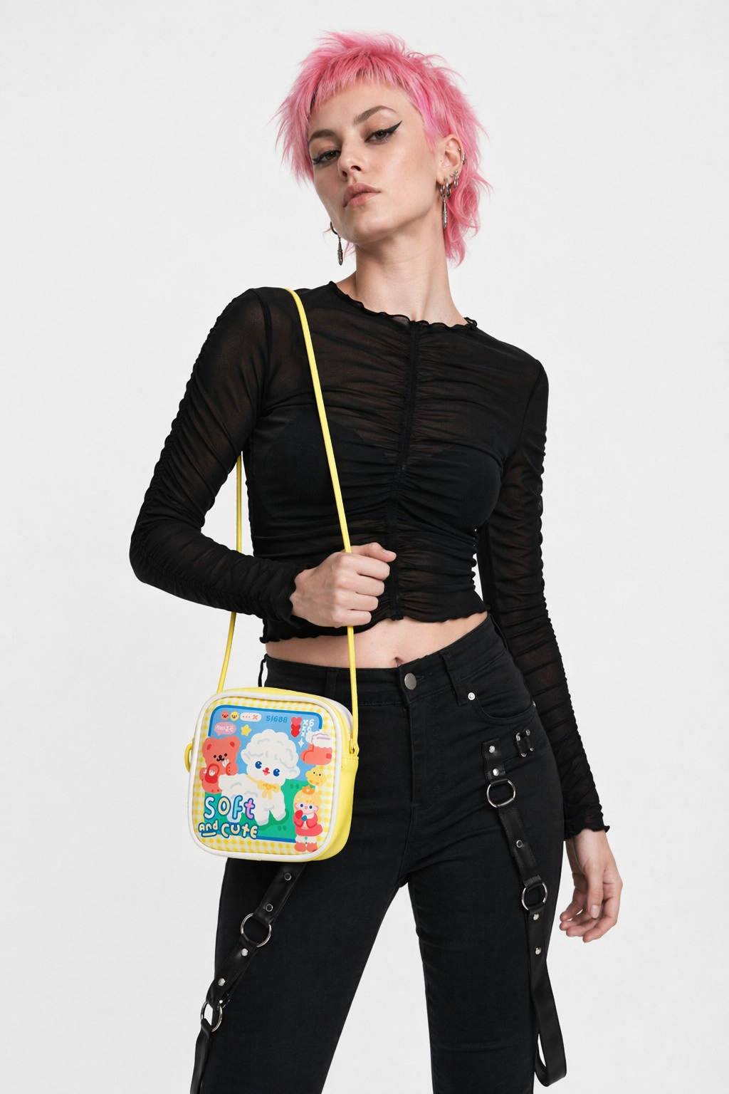Bold Kawaii Patterned Pouch for Cords and Chargers Soft Yellow Lamb