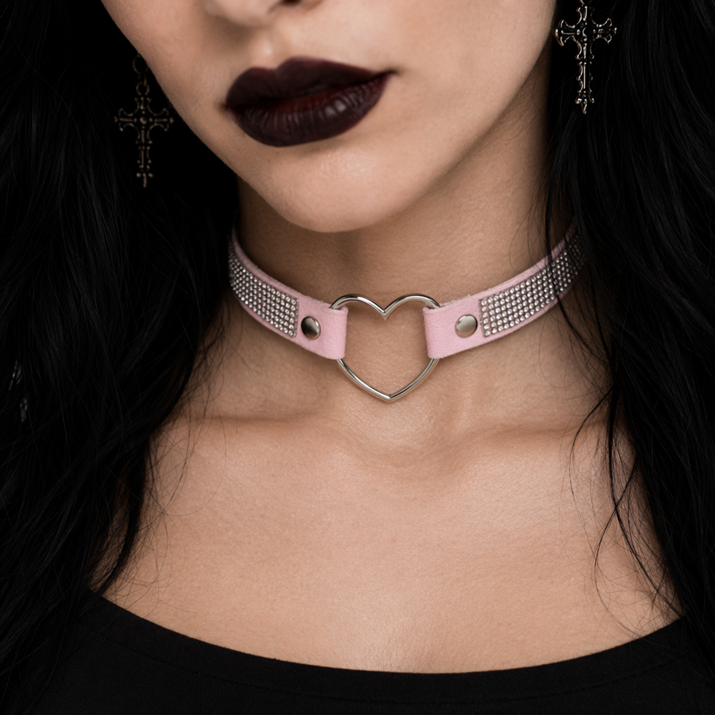 Rhinestone Heart Choker Necklace for Kawaii Aesthetic Princesses Pink