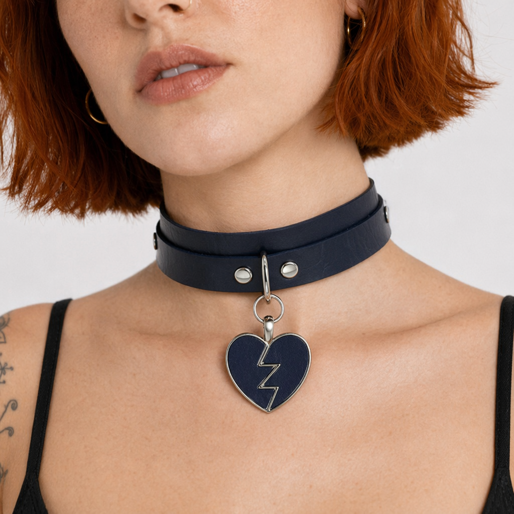 Heart Breaker Vegan Leather Choker for Kinky Princesses Navy Blue Collar