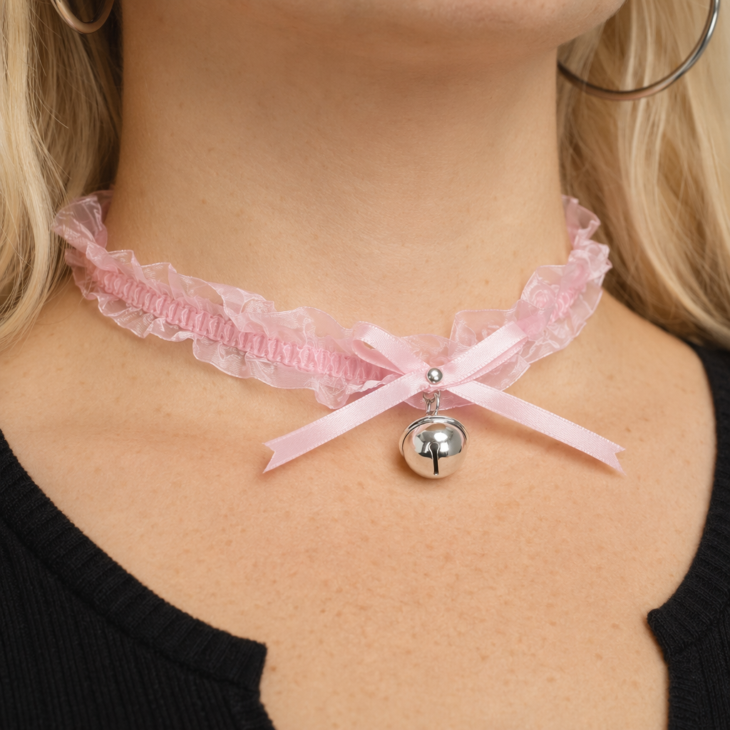 Traditional Kitten Bell Collar with Chiffon Ribbon and Jingly Bell Pink