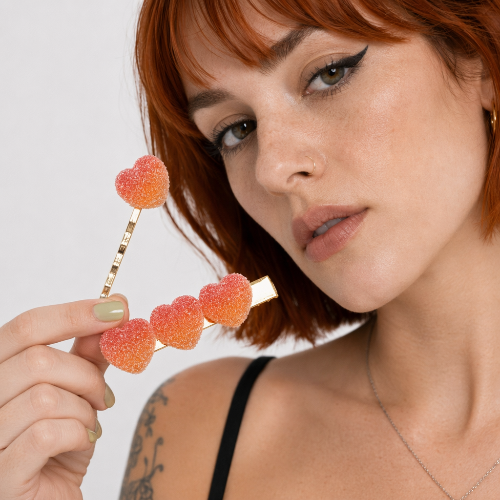 Handcrafted 3D Heart Shaped Sugar Candy Hair Clips Orange