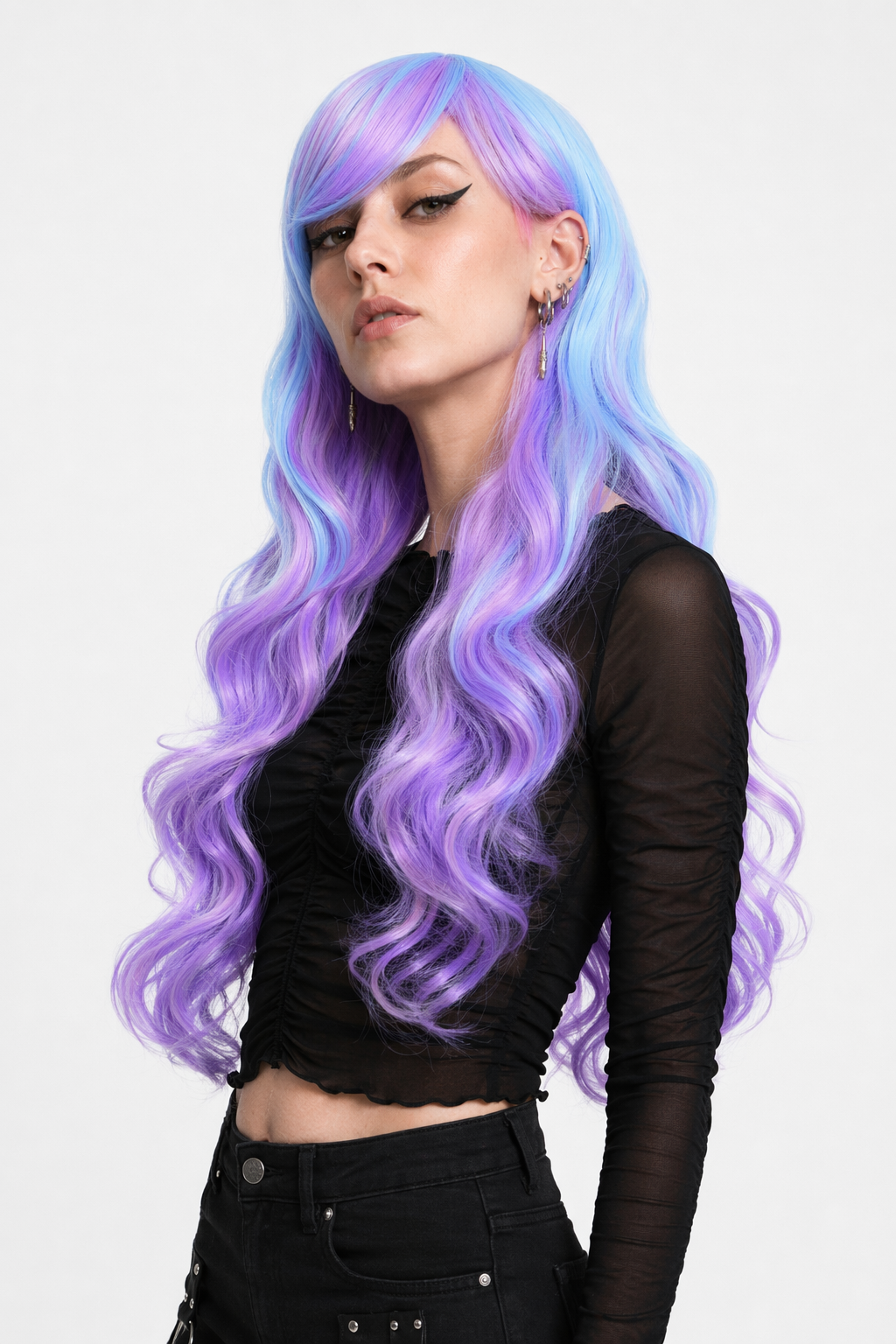 Stunning Long Cosplay Wig with Soft Fringe in Stylish Colors Curly Blue Pink