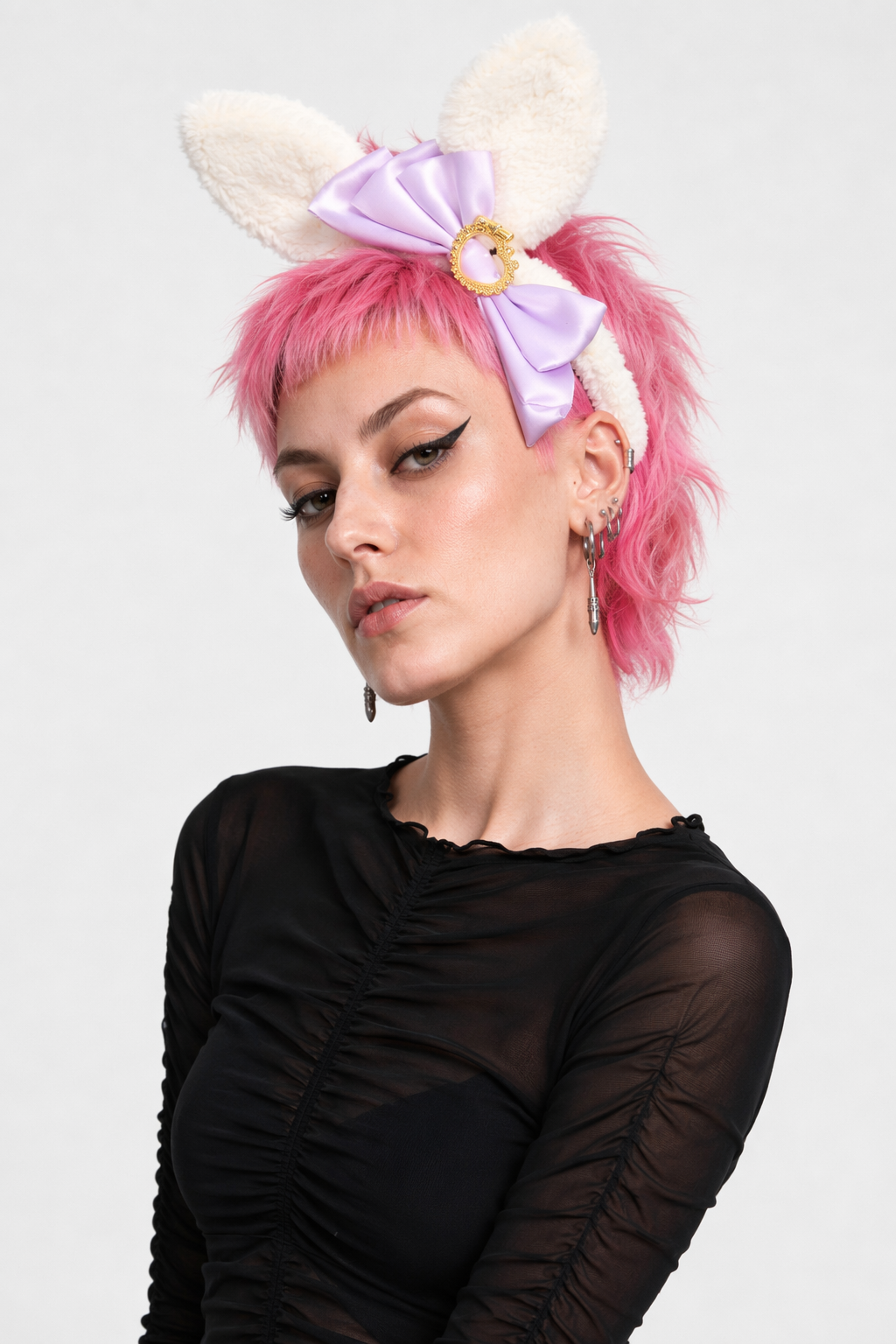 Luxurious Bunny Ears Headband with Satin Ribbons and Jewels Lavender