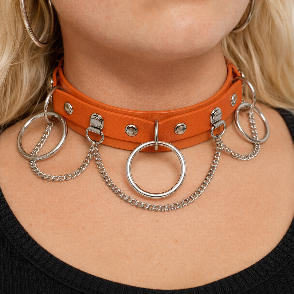 Vegan Leather O-Ring Choker Necklace with Silver Hardware Orange