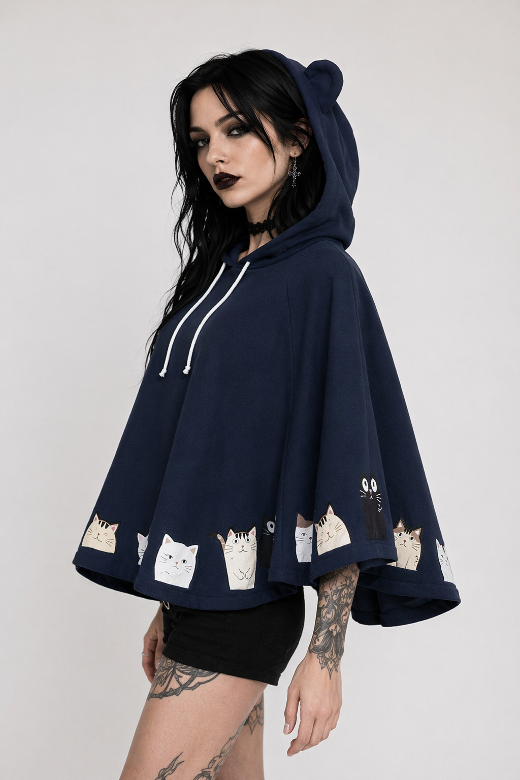 Cat Family Poncho Cape with Bear Ears for Kawaii Fashion Lovers Navy Blue