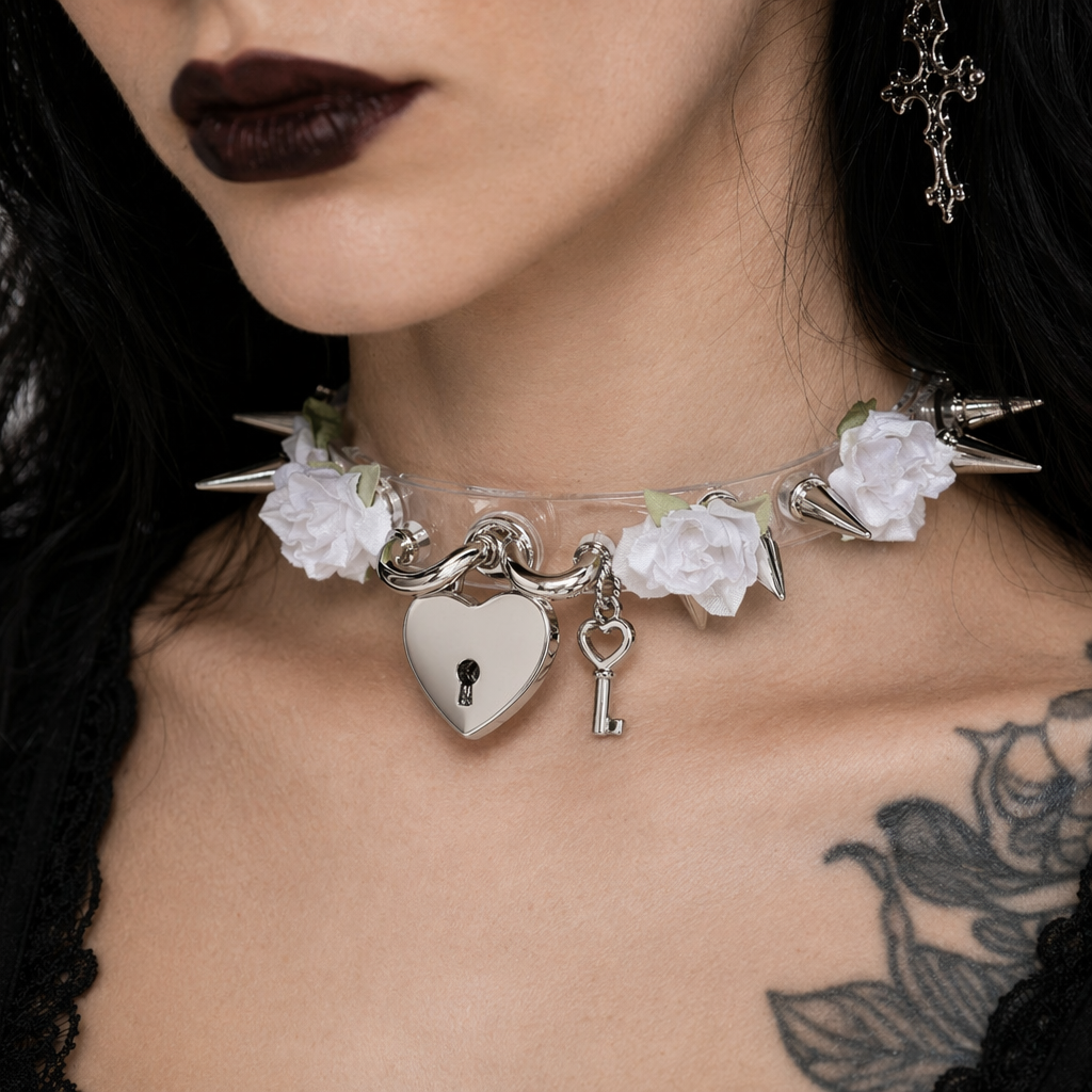 Edgy Floral Choker with Spiky Design and Heart Locket Key White Flower Silver