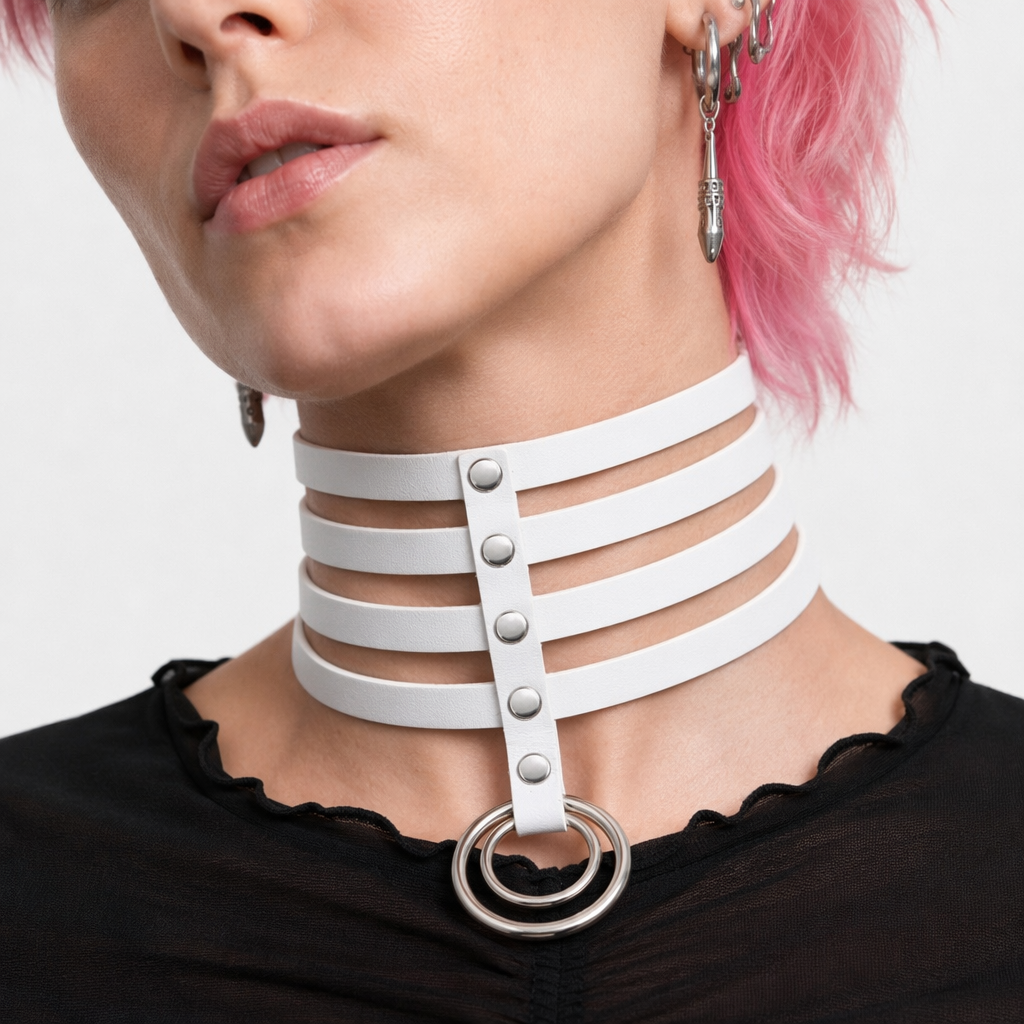 Vegan Leather High Elongated Collar with Built-in O-Ring Hook White