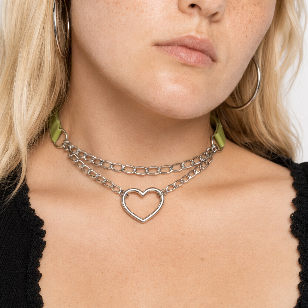 Thick Vegan Leather Chained Heart Choker Necklace Green