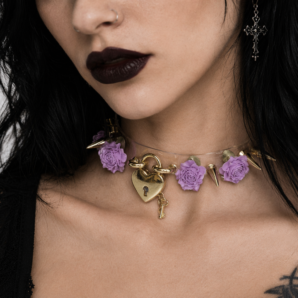 Edgy Floral Choker with Spiky Design and Heart Locket Key Purple Flower Gold