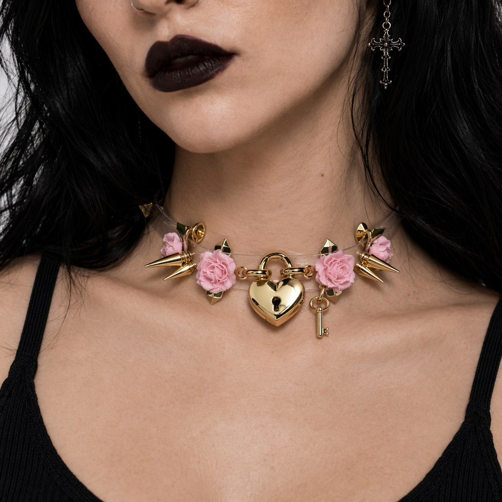 Edgy Floral Choker with Spiky Design and Heart Locket Key Pink Flower Gold