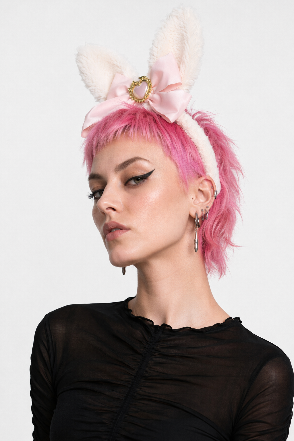 Luxurious Bunny Ears Headband with Satin Ribbons and Jewels Baby Pink
