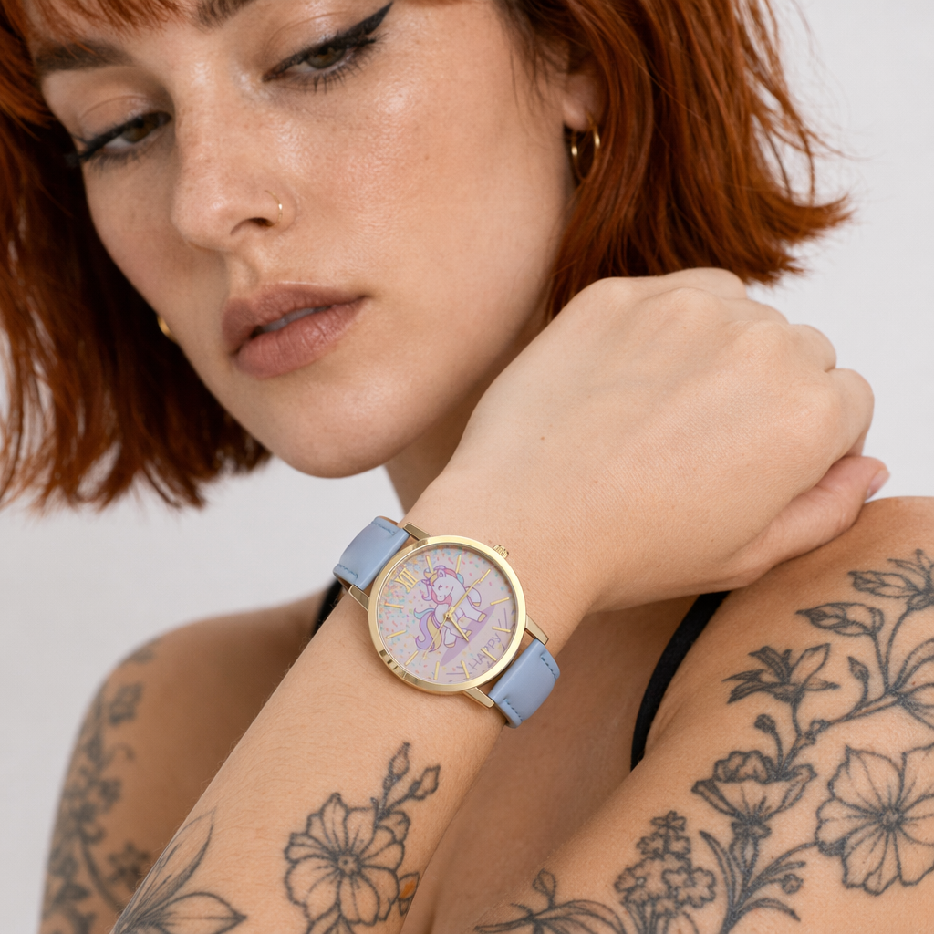 Magical Unicorn Wrist Watch with Gold Plated Hardware and Vegan Leather Blue