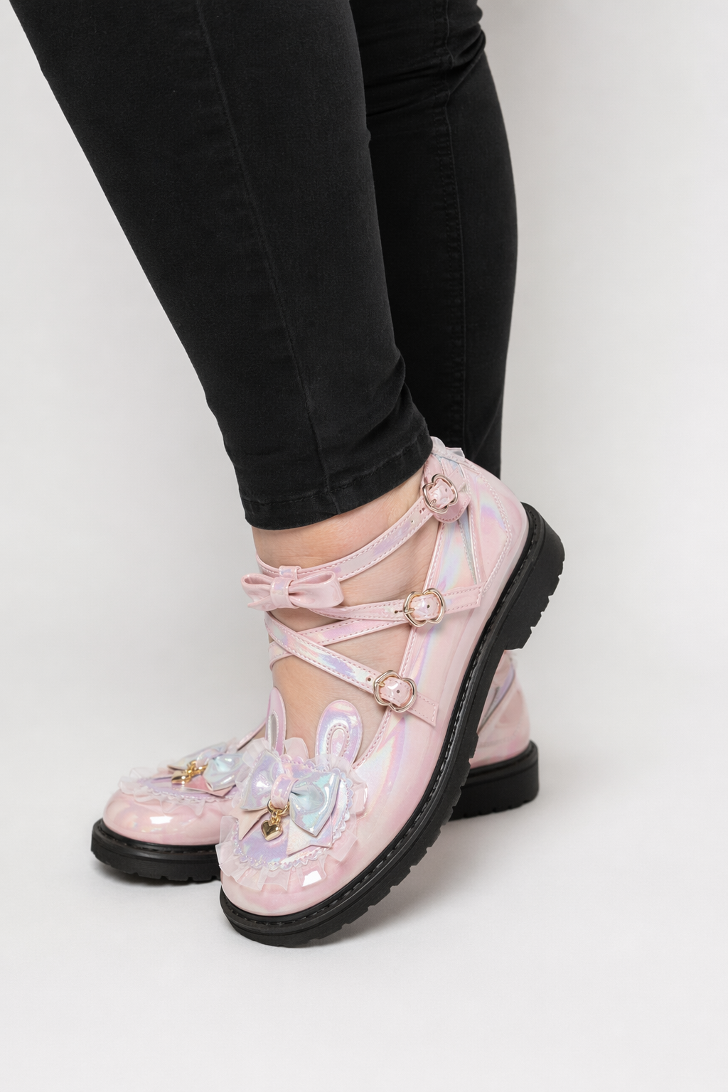 Holographic Bunny Ear Lolita Shoes for Kawaii Style Pink