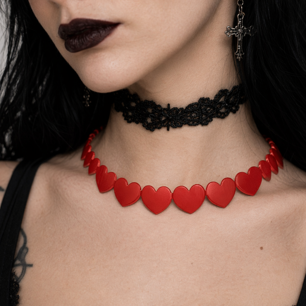 Pastel Heart Tattoo Necklace with Clasp Closure for a Dainty Look Red
