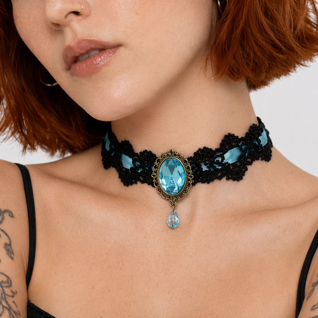 Elegant Victorian Style Choker Necklace with Gold Hardware Light Blue
