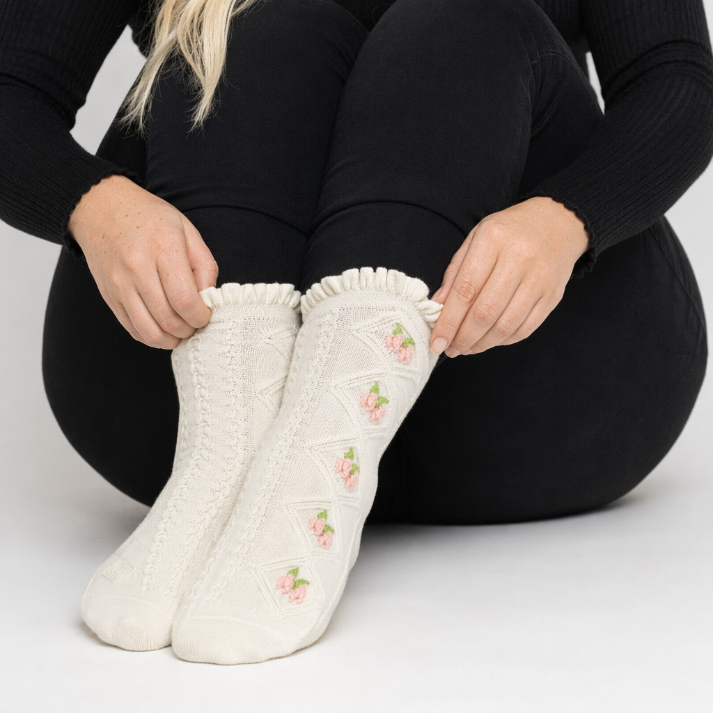 Textured Angelic Socks with Knit Detailing and Rosebud Embellishments No1