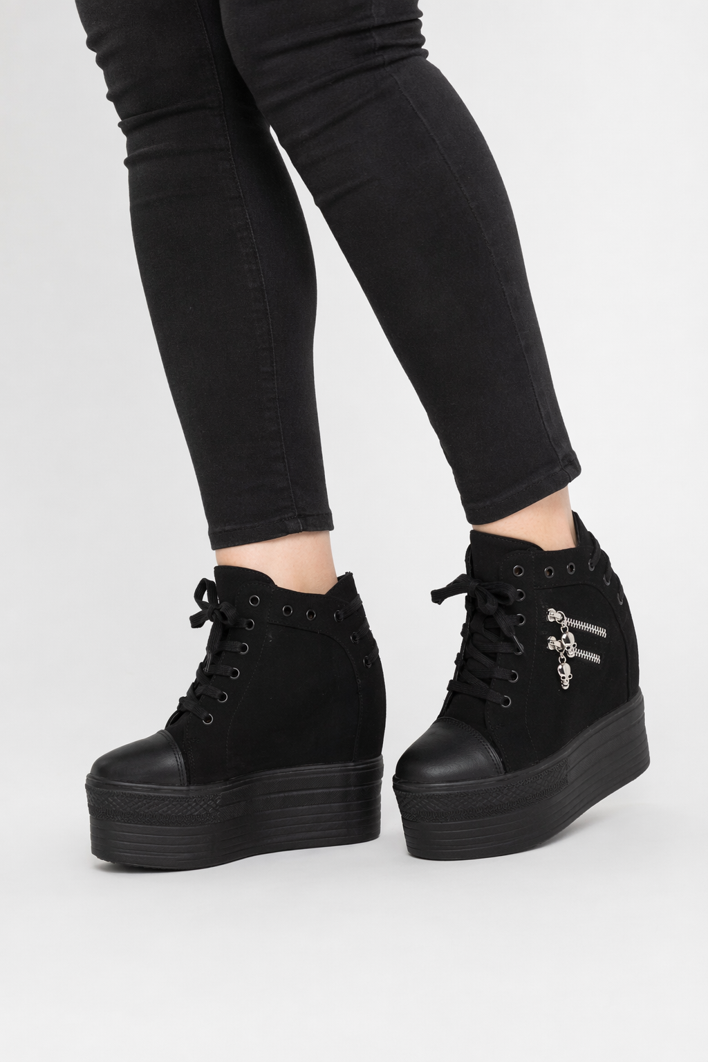 Chunky Wedge Platform Sneakers with Studs and Skull Zippers Black