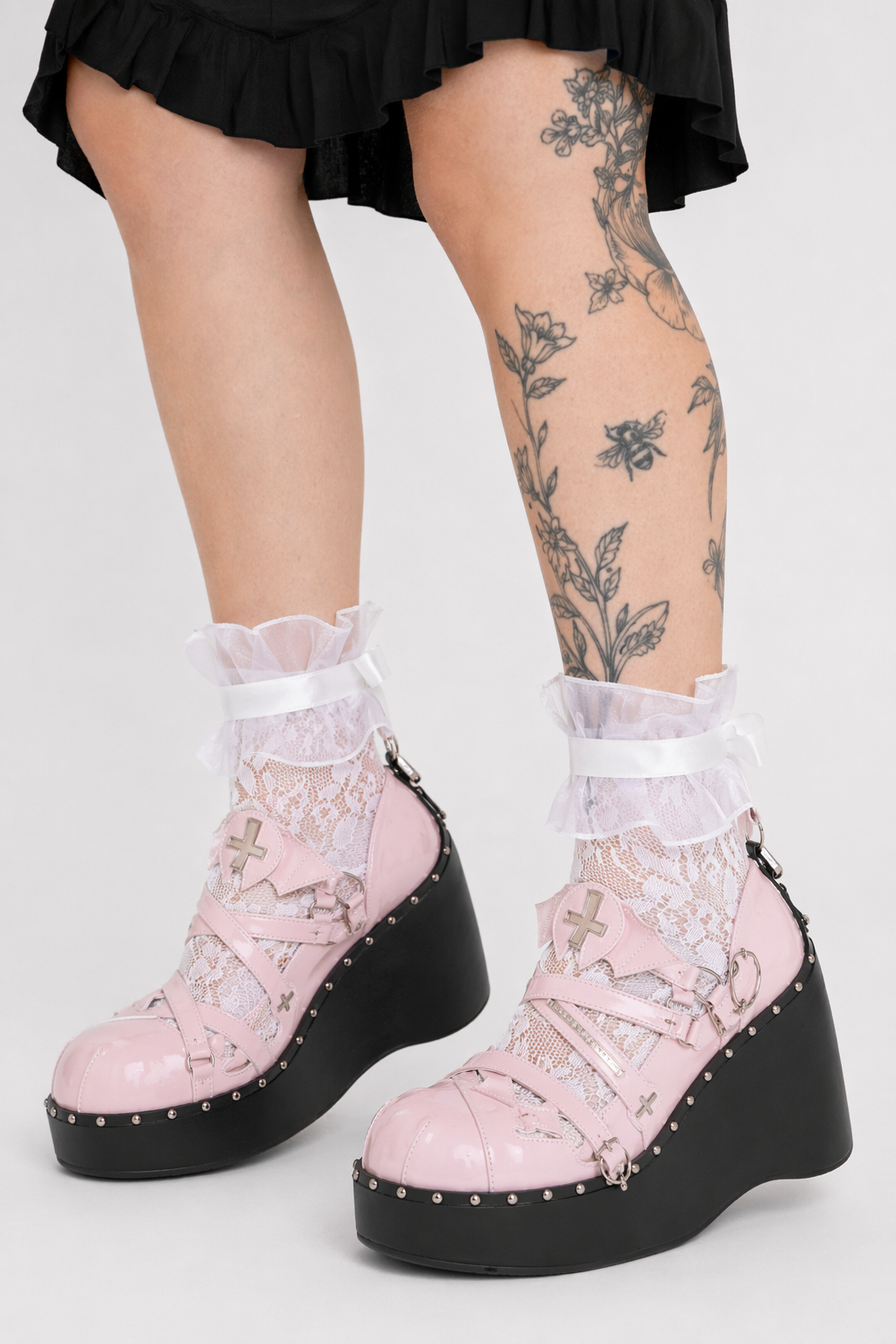 Gothic Lolita Bat Wing Platform Wedge Shoes with Strappy Buckles Pink