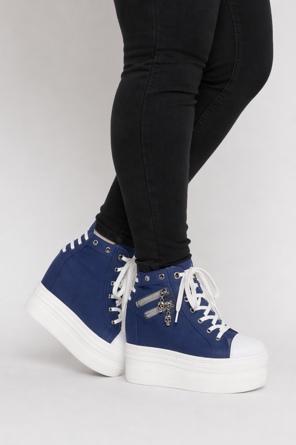 Chunky Wedge Platform Sneakers with Studs and Skull Zippers Blue
