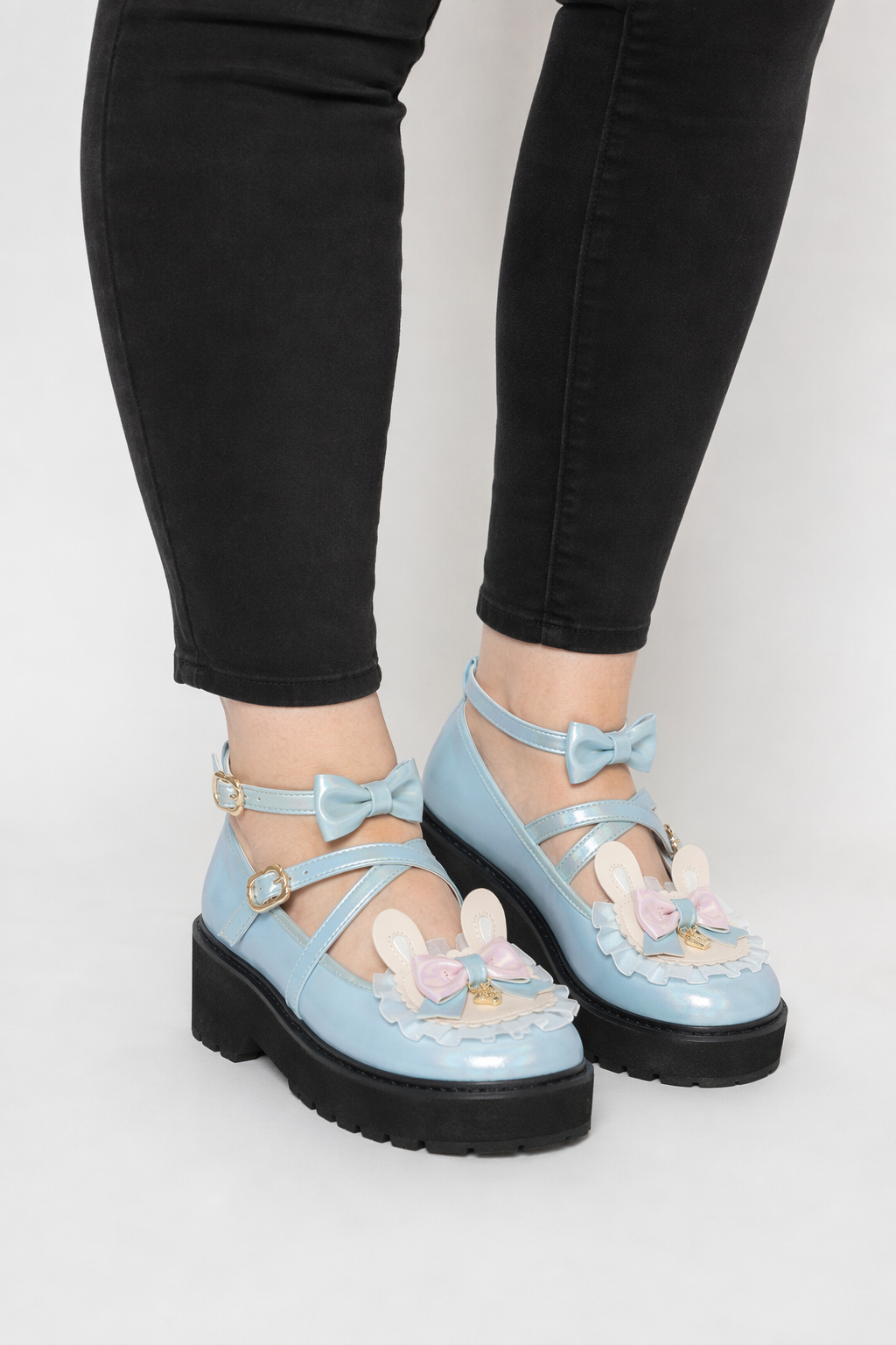 Holographic Bunny Ear Lolita Shoes for Kawaii Style Blue