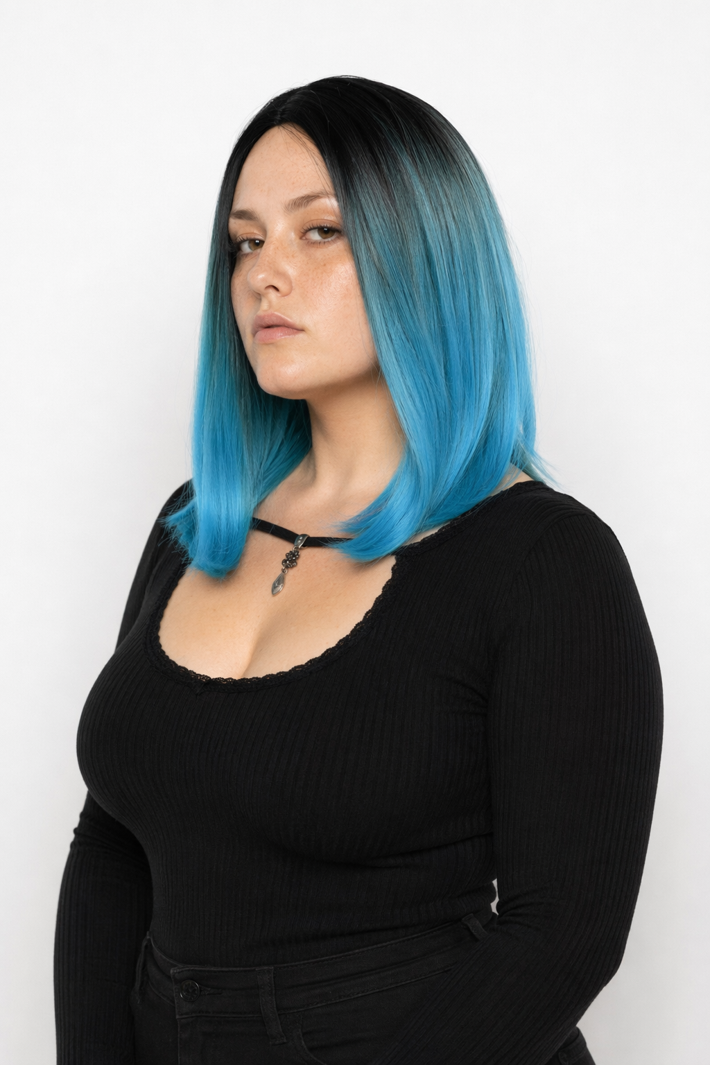 Medium Length Ombre Long Bob Wig in Chic Colorful Style Blue