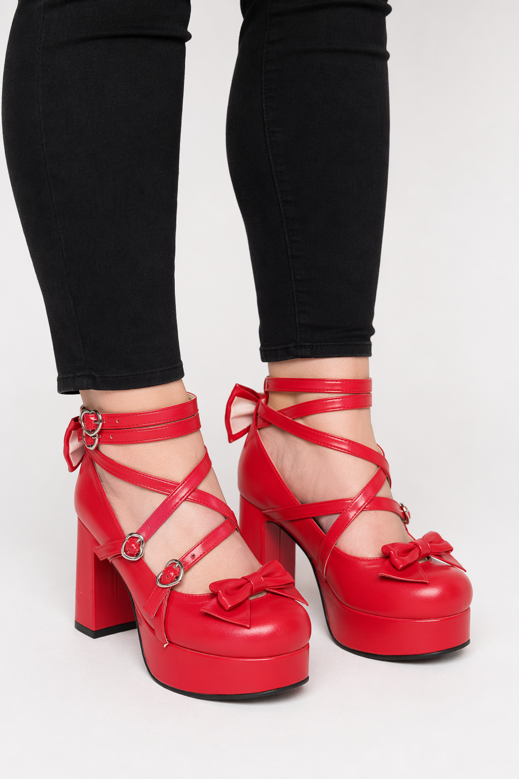 Classic Strappy Wrap-Around Ankle Lolita Shoes with Block Heel Red