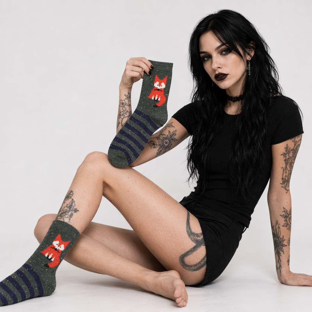 Snow Fox Christmas Socks with Embroidered Design and Vibrant Colors Green Fox