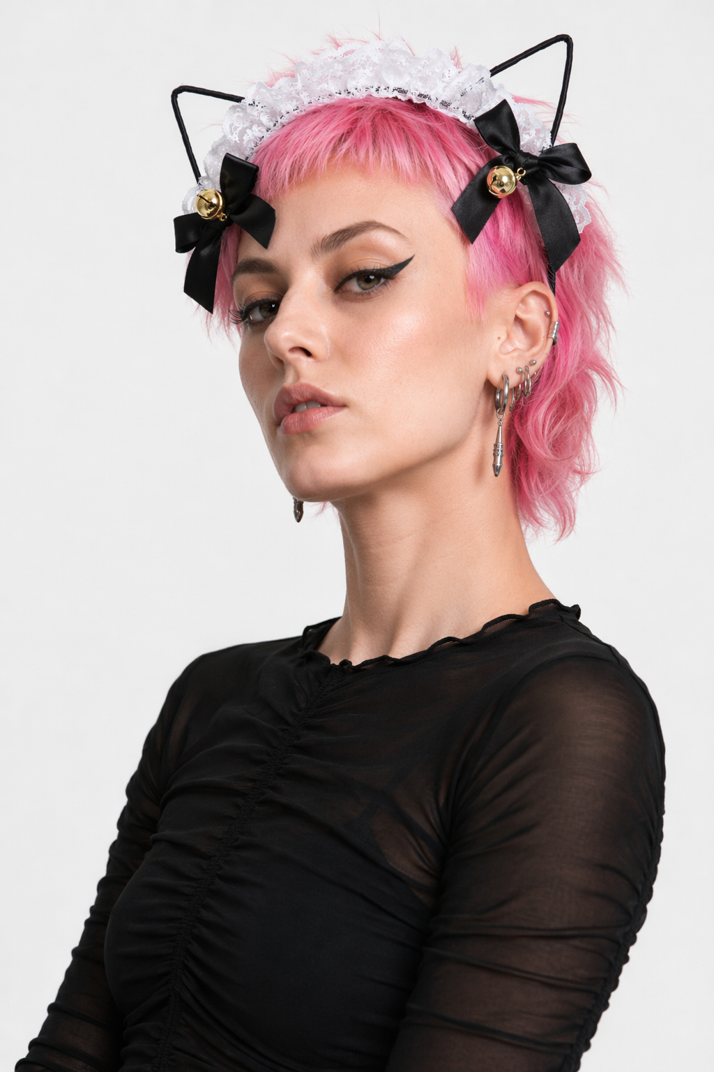 Cute Cat Ear Headband with Gold Bells and Lace Embellishments White