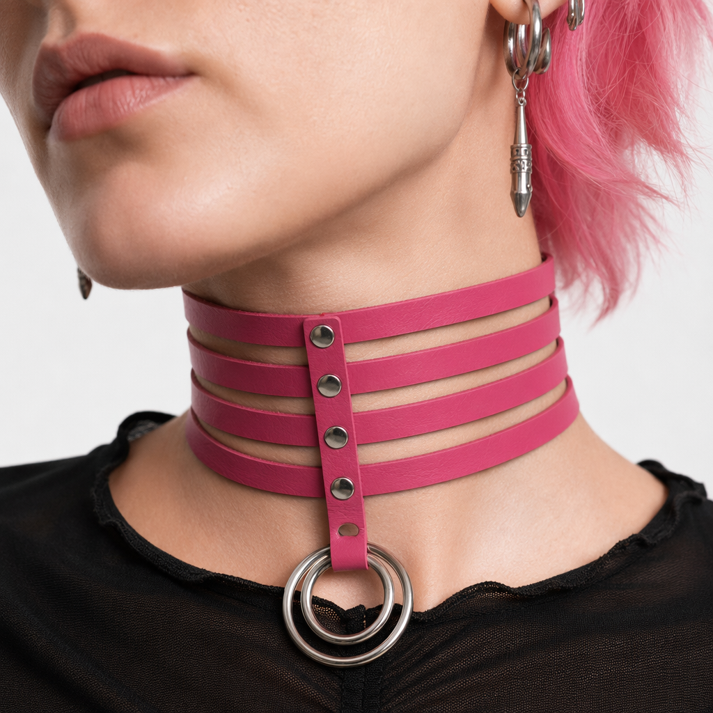 Vegan Leather High Elongated Collar with Built-in O-Ring Hook Rose