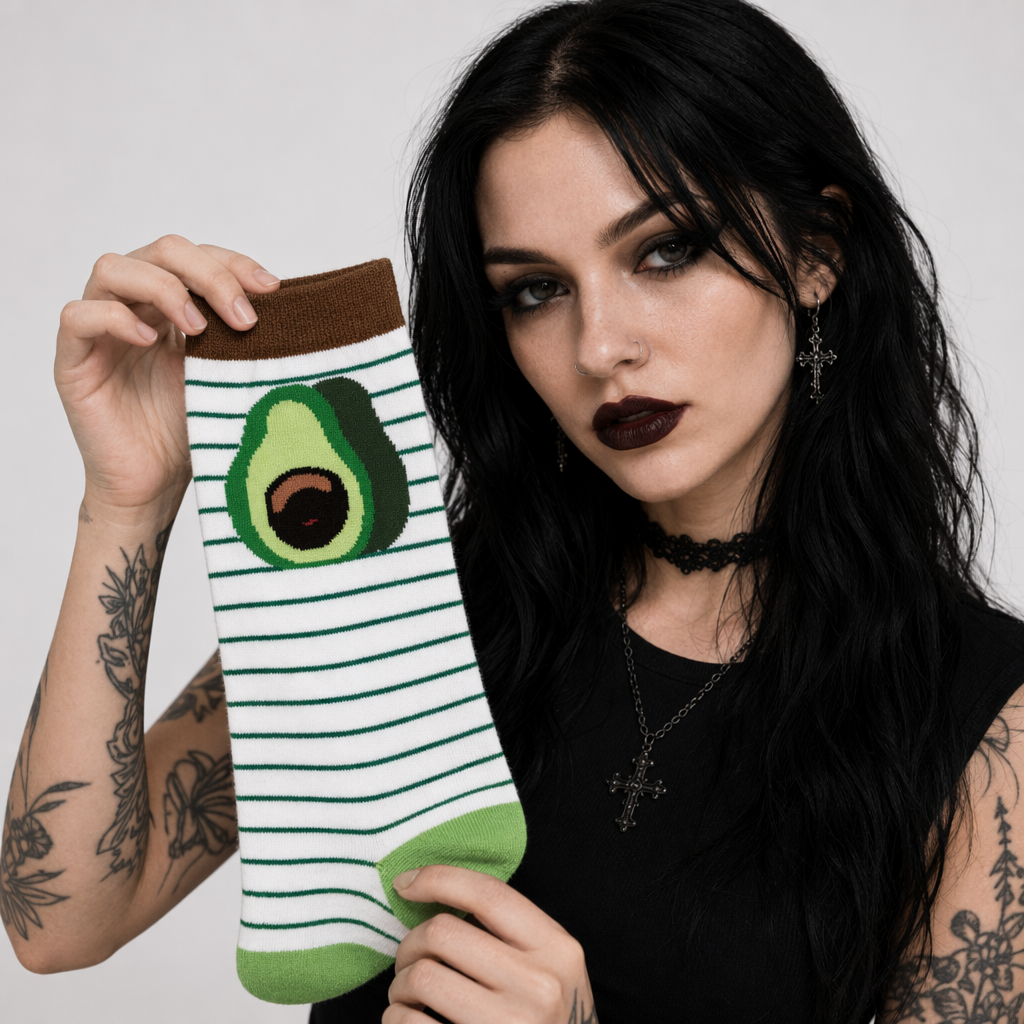 Cute Avocado Socks with Kawaii Face and Striped Design Striped Avocado