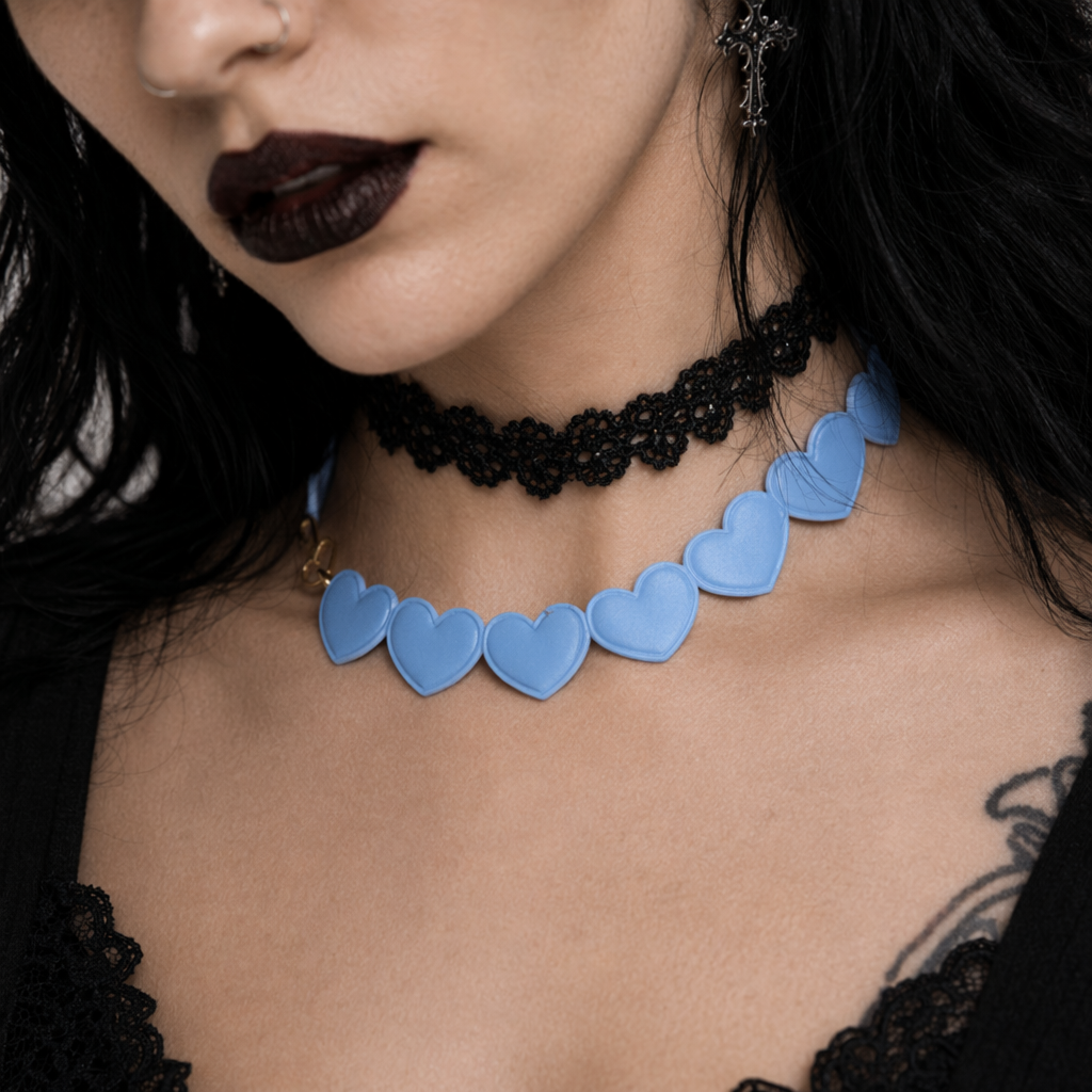 Pastel Heart Tattoo Necklace with Clasp Closure for a Dainty Look Blue