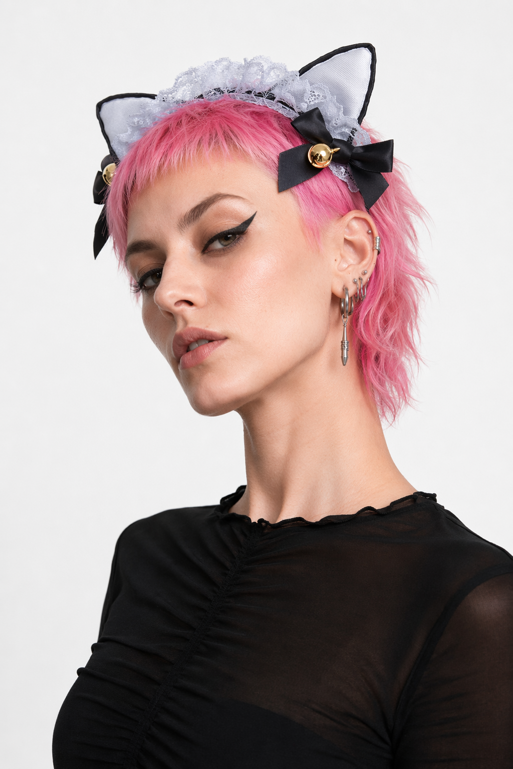 Cute Cat Ear Headband with Gold Bells and Lace Embellishments Gray