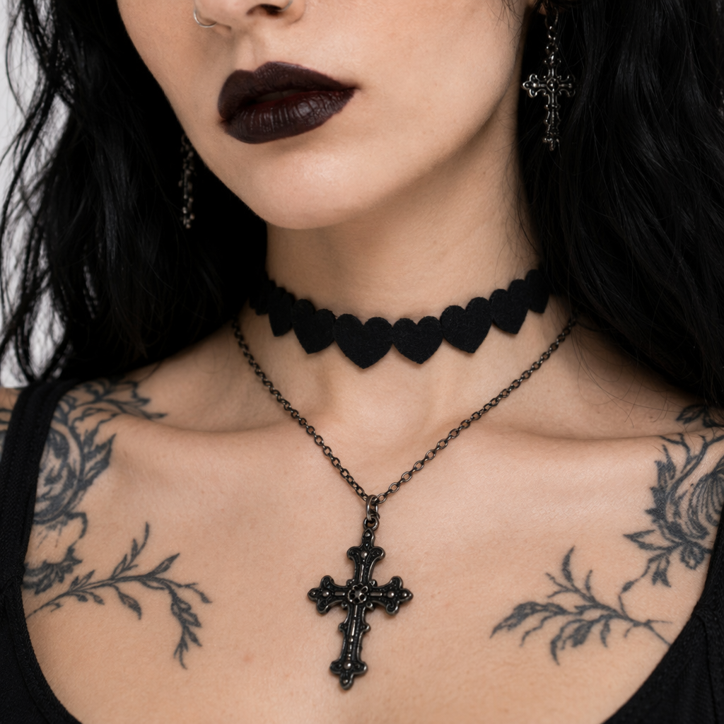 Jet Black Heart Choker Necklace for Chic Goth Fashion Solid