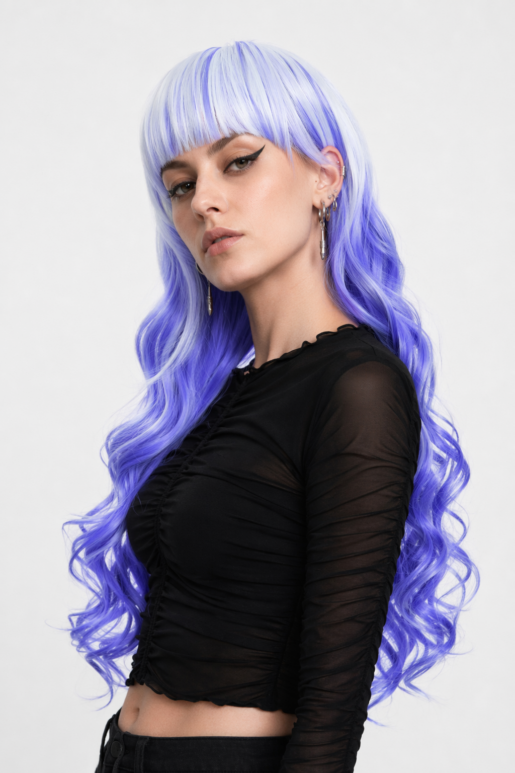 Stunning Long Cosplay Wig with Soft Fringe in Stylish Colors Curly Blue White