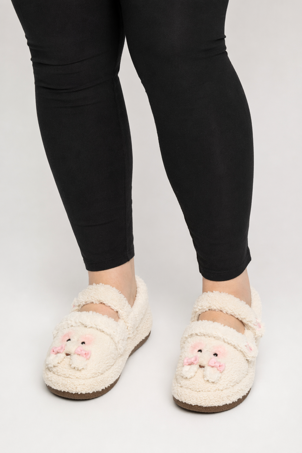 Fuzzy Bear Inspired Maryjane Shoes with Fluffy Faux-Fur and Ribbons Beige