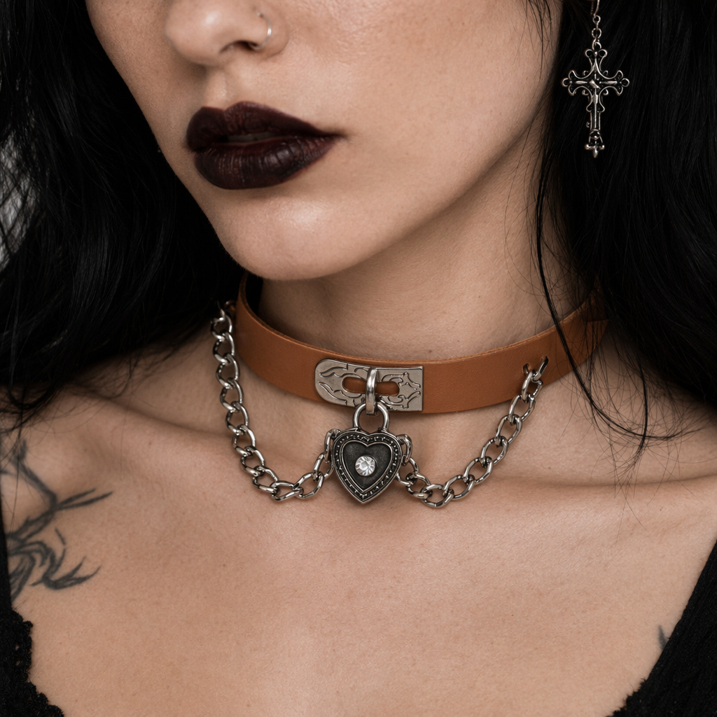 Gothic Victorian Vegan Leather Choker with Heart Locket and Chains Tan