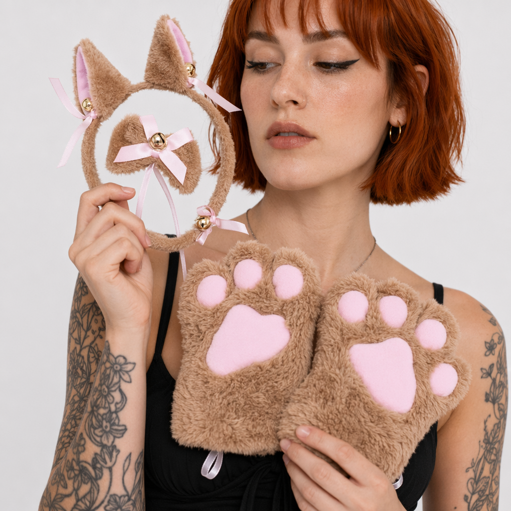 Complete Neko Cat Cosplay Accessories Set for All Sizes Tan