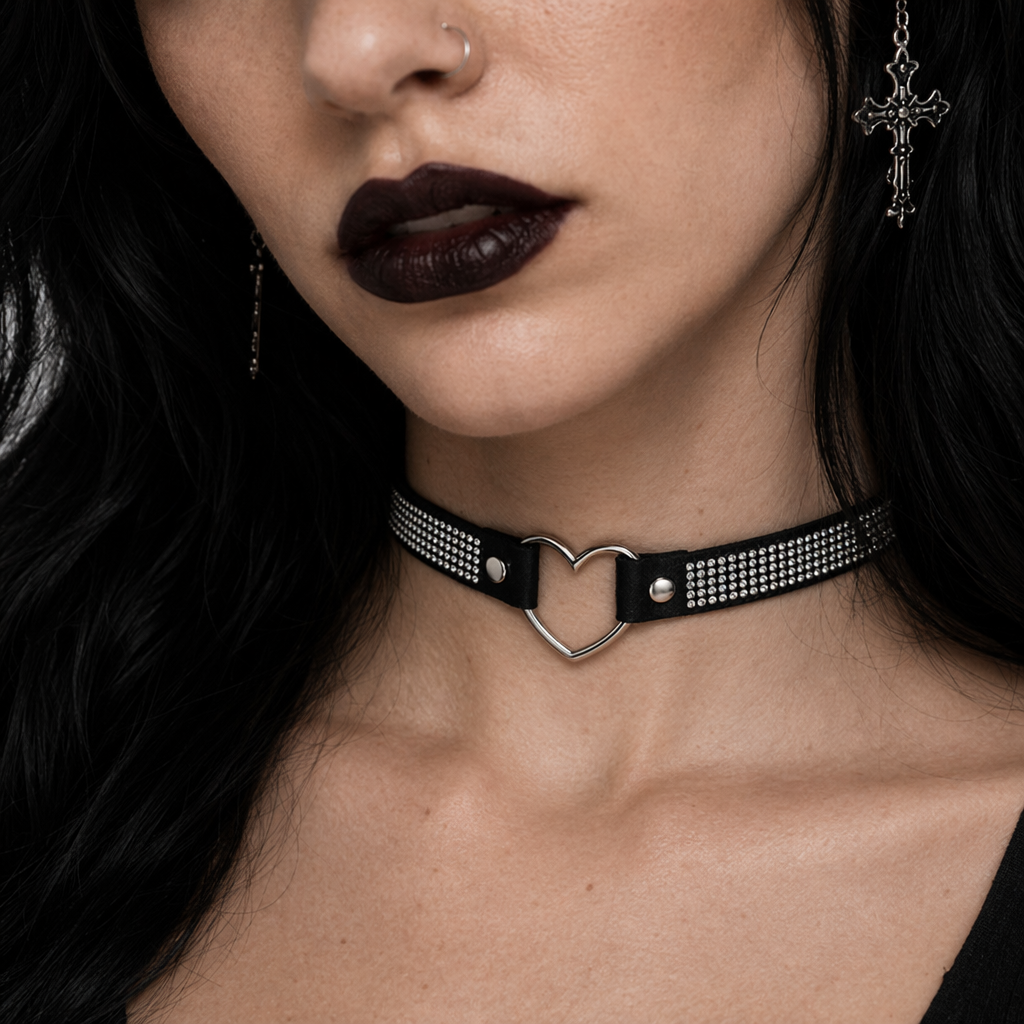 Rhinestone Heart Choker Necklace for Kawaii Aesthetic Princesses Black
