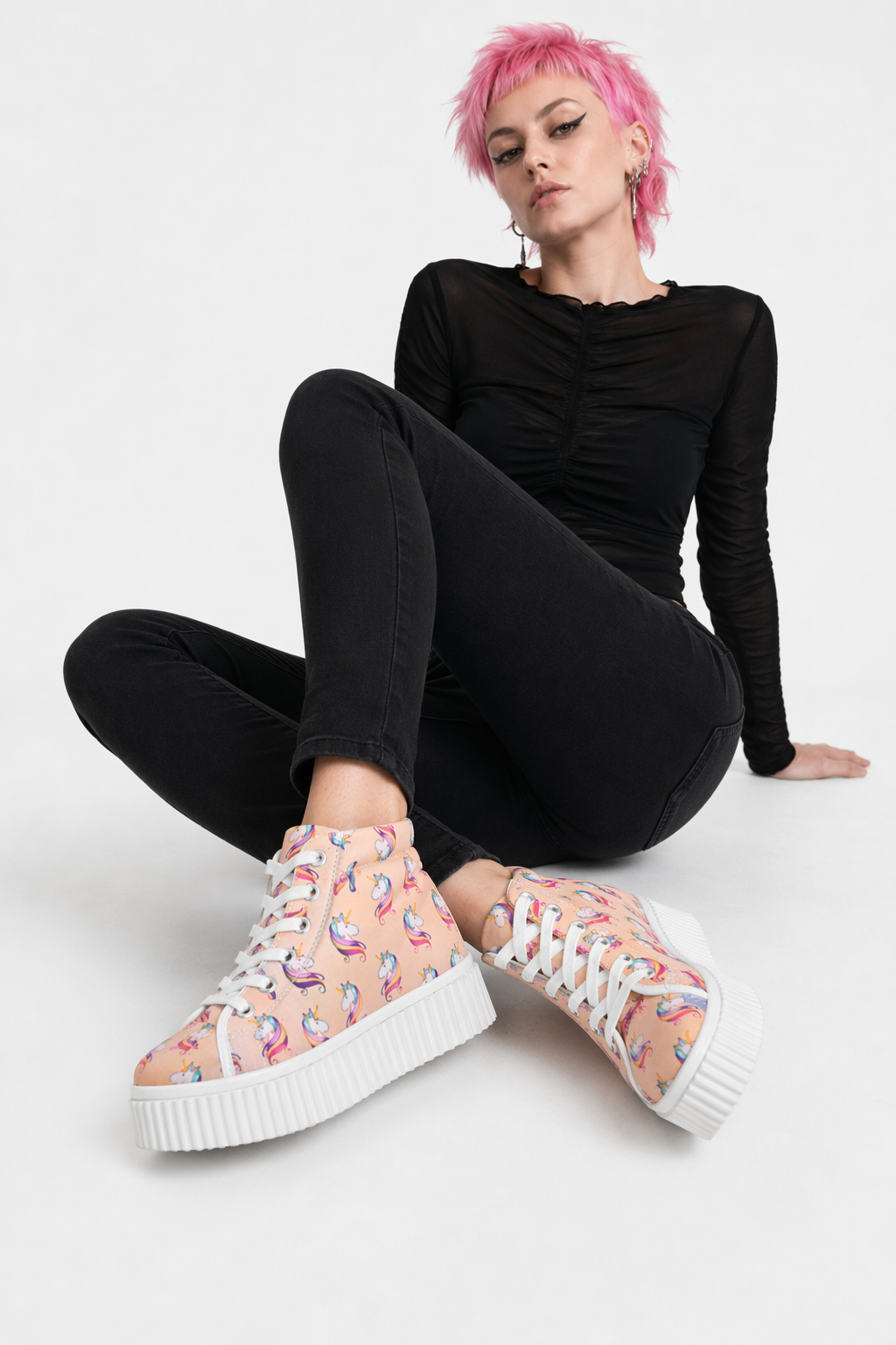 Canvas Hi Top Unicorn Pattern Shoes with Comfortable Wedge Heel Peach Unicorn