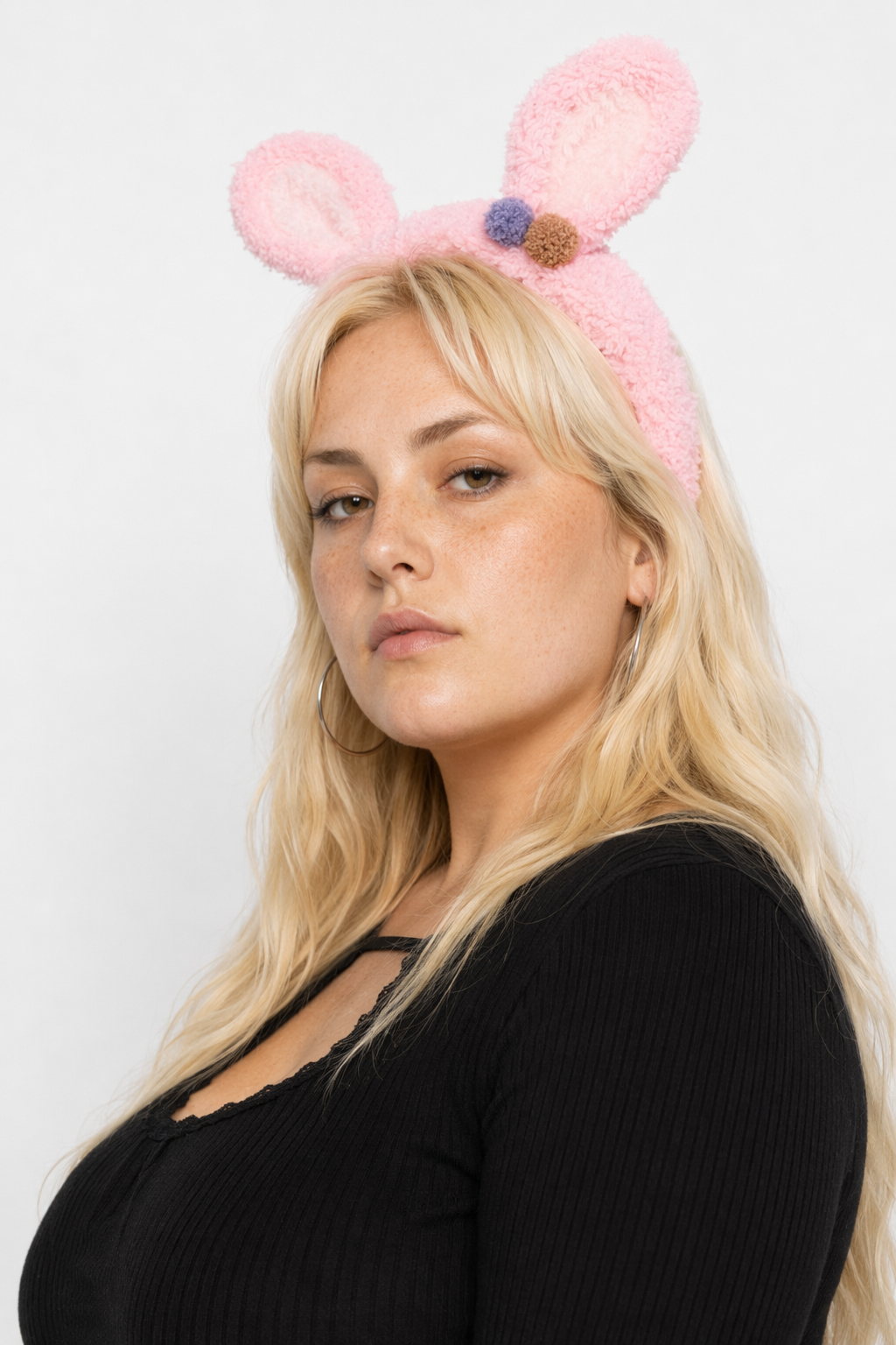 Fluffy Bunny-Eared Headband with Cute Pom Poms Bright Pink