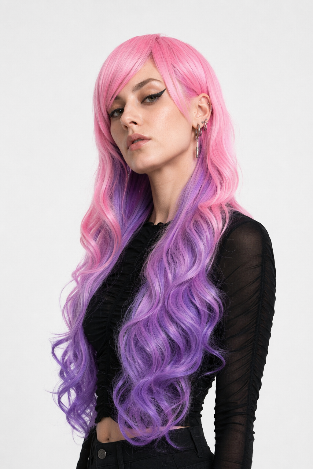 Stunning Long Cosplay Wig with Soft Fringe in Stylish Colors Curly Pink Purple